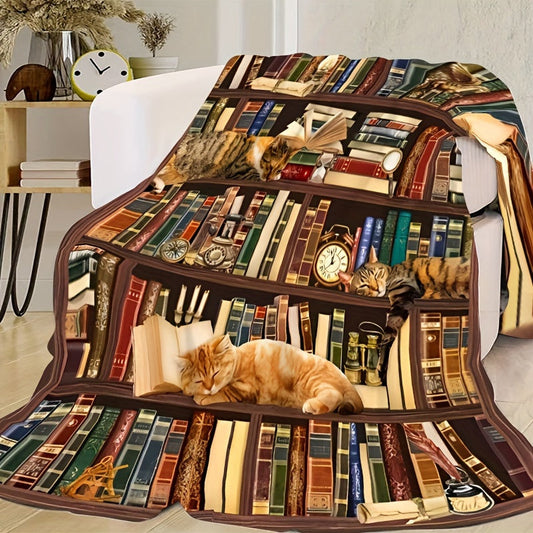 Soft Flannel Blanket with Charming Cat & Bookshelf Design - Perfect for Book Lovers, Librarians, and Literary Enthusiasts - Hypoallergenic and Cozy for All Seasons - Great Gift for Friends and Family, Ideal for Camping, Picnics, and Holidays - Library