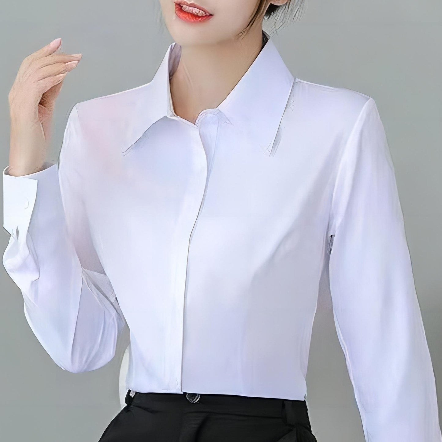 Solid color button front shirt with business formal cuff sleeve, perfect for work and office wear.