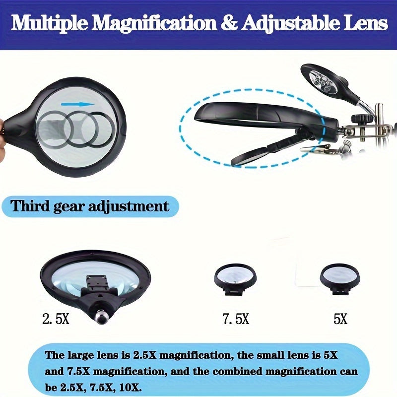 LED lighted magnifying station with 2.5X, 7.5X, and 10X magnification, perfect for soldering and crafting. Includes clamp and alligator clips for easy use on desktop. Ideal for jewelry