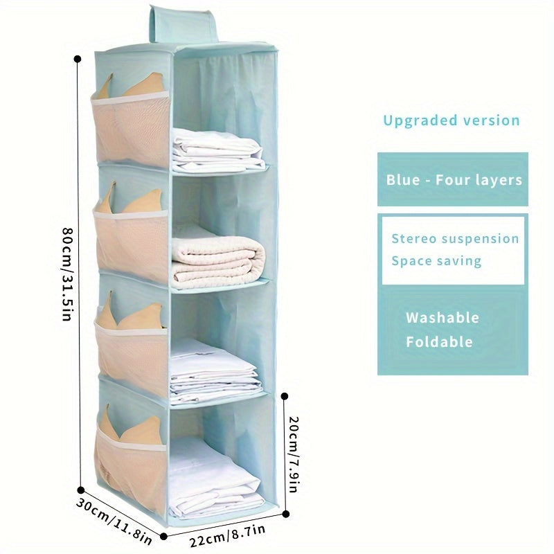 Keep your items organized and easily accessible with this Wardrobe Storage Hanging Bag. It is foldable, washable, and features four layers of storage space for bags, clothes, socks, and more. Save space and maintain neatness in your wardrobe with this