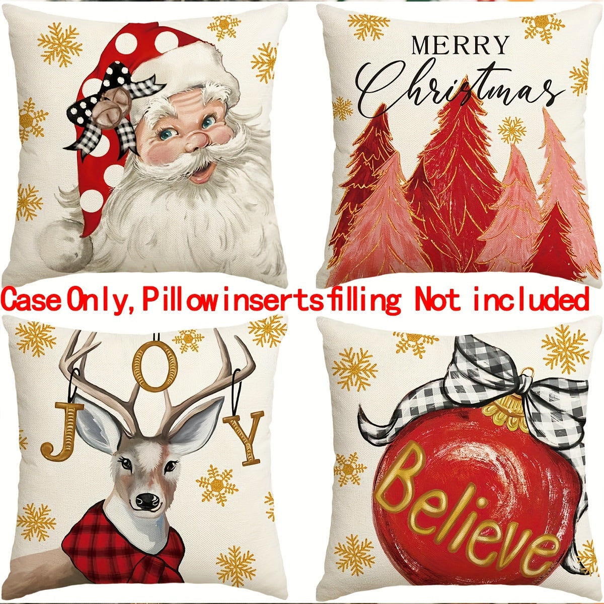 Set of four Christmas-themed pillowcases made of polyester fabric, suitable for home decoration in various settings, dimensions 45*45cm/17.7*17.7in, pillow core not included.