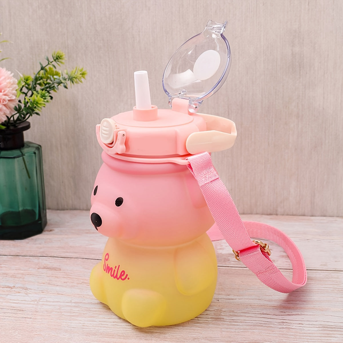 1000ml Transparent Bear Water Bottle with Straws, Backpack, and Handle; Hand wash only, PC Material, Leak-proof, PVC-free.