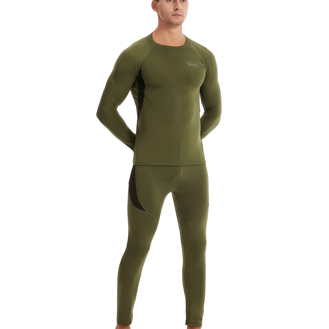 ESDY Men's Camouflage Thermal Underwear - 90% Polyester 10% Spandex, Long Sleeve Crew Neck, Skinny Fit, High Stretch Knit Fabric, Solid Color, for Hiking & Outdoor Activities, Fall/Winter