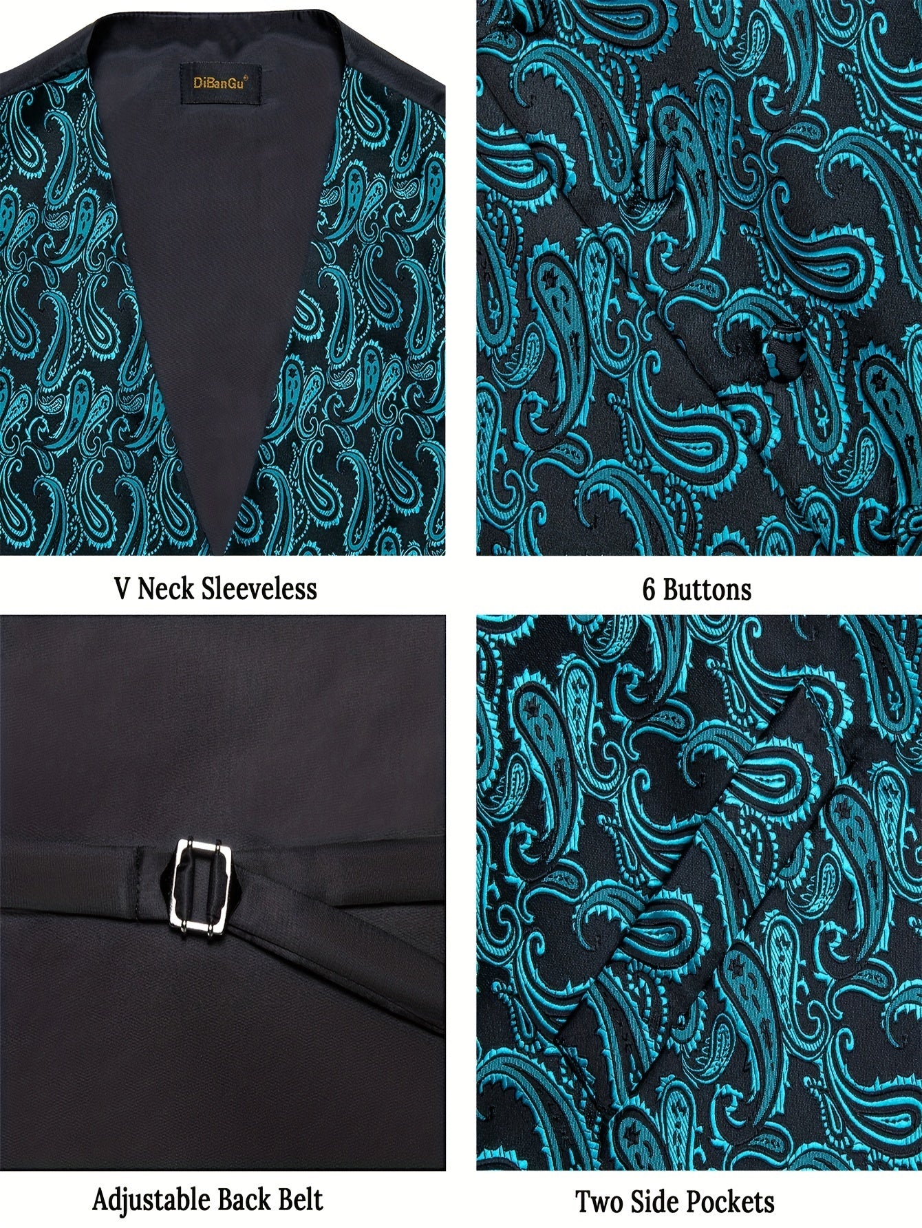 Plus size men's paisley suit vest set with tie, bow tie, pocket square, and cufflinks - perfect for parties.