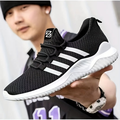 Unisex Striped Lace-up Sneakers with Breathable Fabric Upper and PVC Sole, designed for Casual Sports Style. Suitable for Men and Women with Normal Pronation, All-Season Lightweight Running