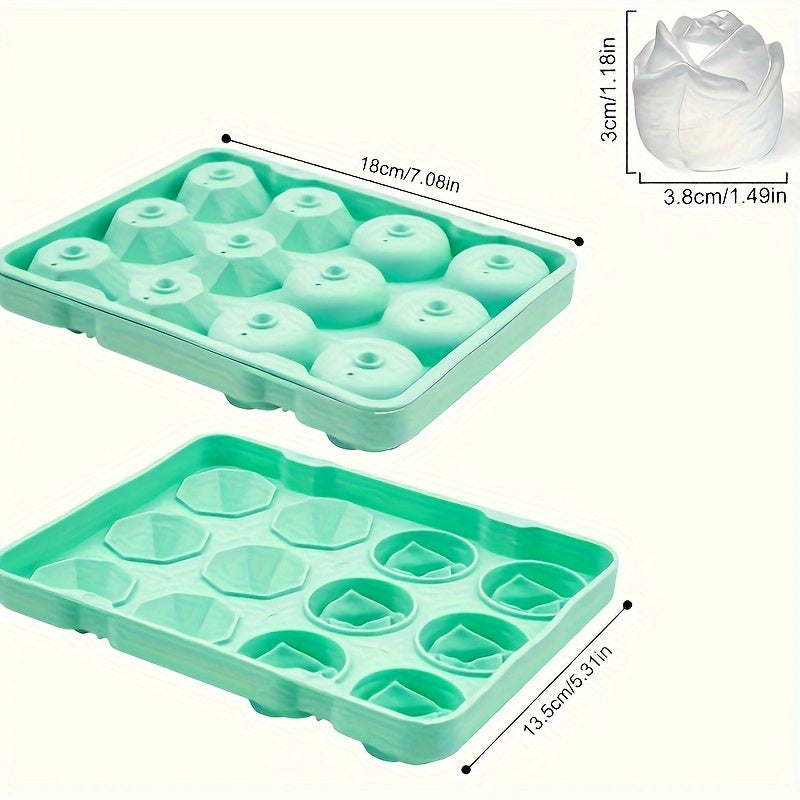 Ice Cube Mold Set - Includes 2 Silicone Trays with Rose and Diamond Shapes. Perfect for making ice cubes, chocolates, puddings, jellies, candies, and whiskey cubes. Great for freezer cocktails and a must-have for any kitchen or apartment. Essential for