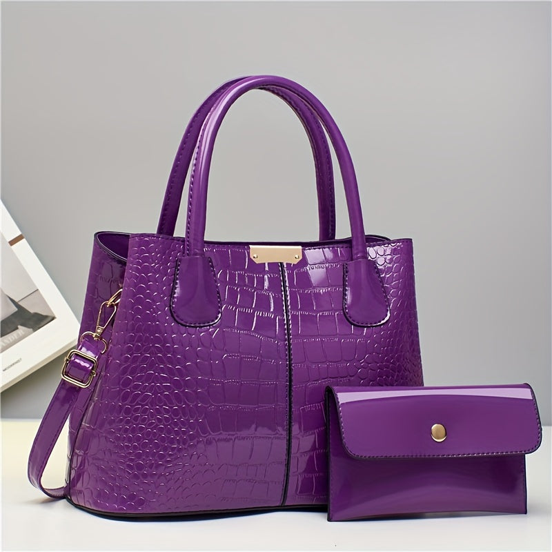 A glossy crocodile pattern handbag perfect for Mother's Day, Easter gatherings, and elegant commuting, with a large capacity and simple design.