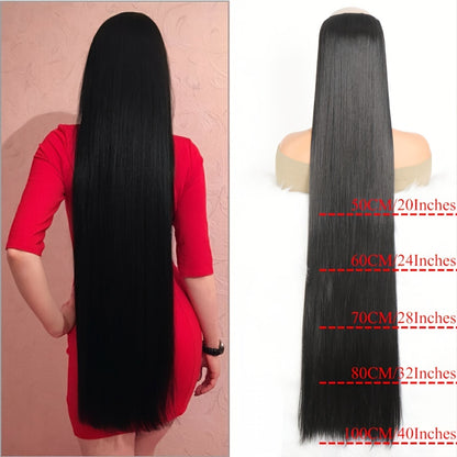 Synthetic Super Long 5 Clip In Hair Extension in Black/Brown/Blonde, extra-long straight hair, one-piece fake hairpiece for women. Available in lengths from 50cm to 100cm, ideal for daily