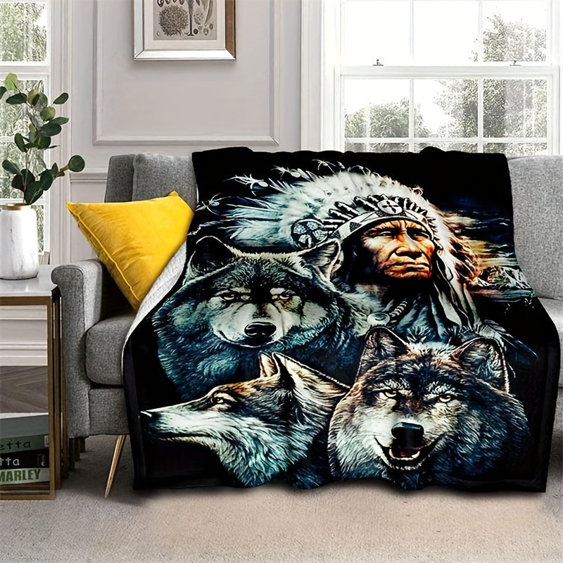 1 piece of retro Indian and wolf pattern printed blankets, with flange detail and made from soft, warm fabric perfect for using on sofas, in offices, or on beds while camping. These blankets are versatile and can be used as NAP blankets, making them a