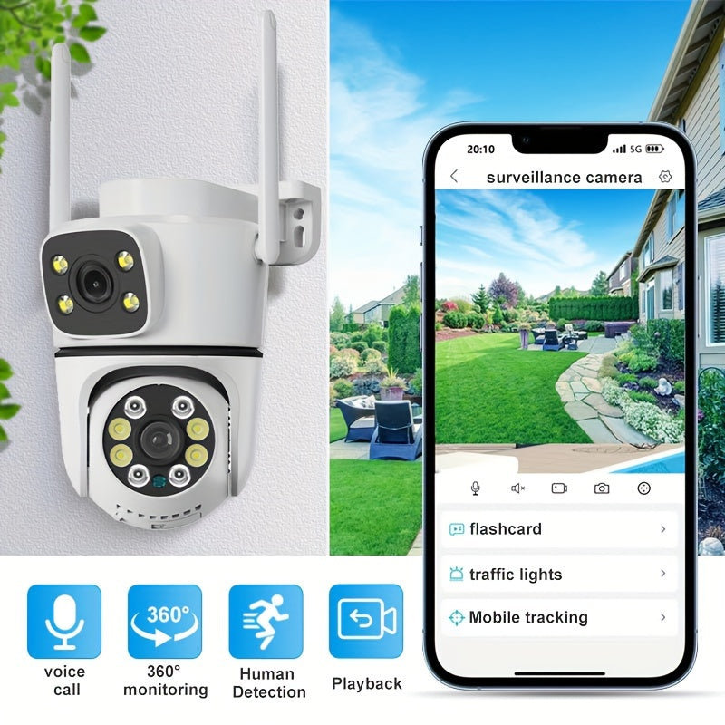 Enhance your home security with 4 dual lens outdoor surveillance cameras featuring 2.4G/Wifi wireless connectivity. Enjoy video surveillance, body tracking, night vision, two-way audio, motion alerts, 355° rotation, and remote viewing on your mobile