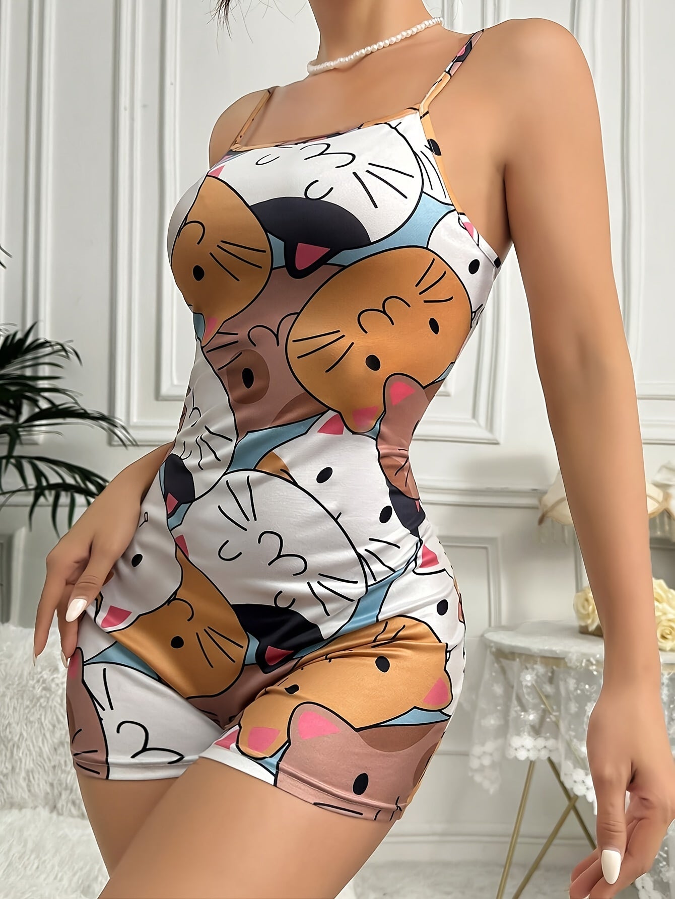 Women's cat print lounge bodysuit, perfect for summer.