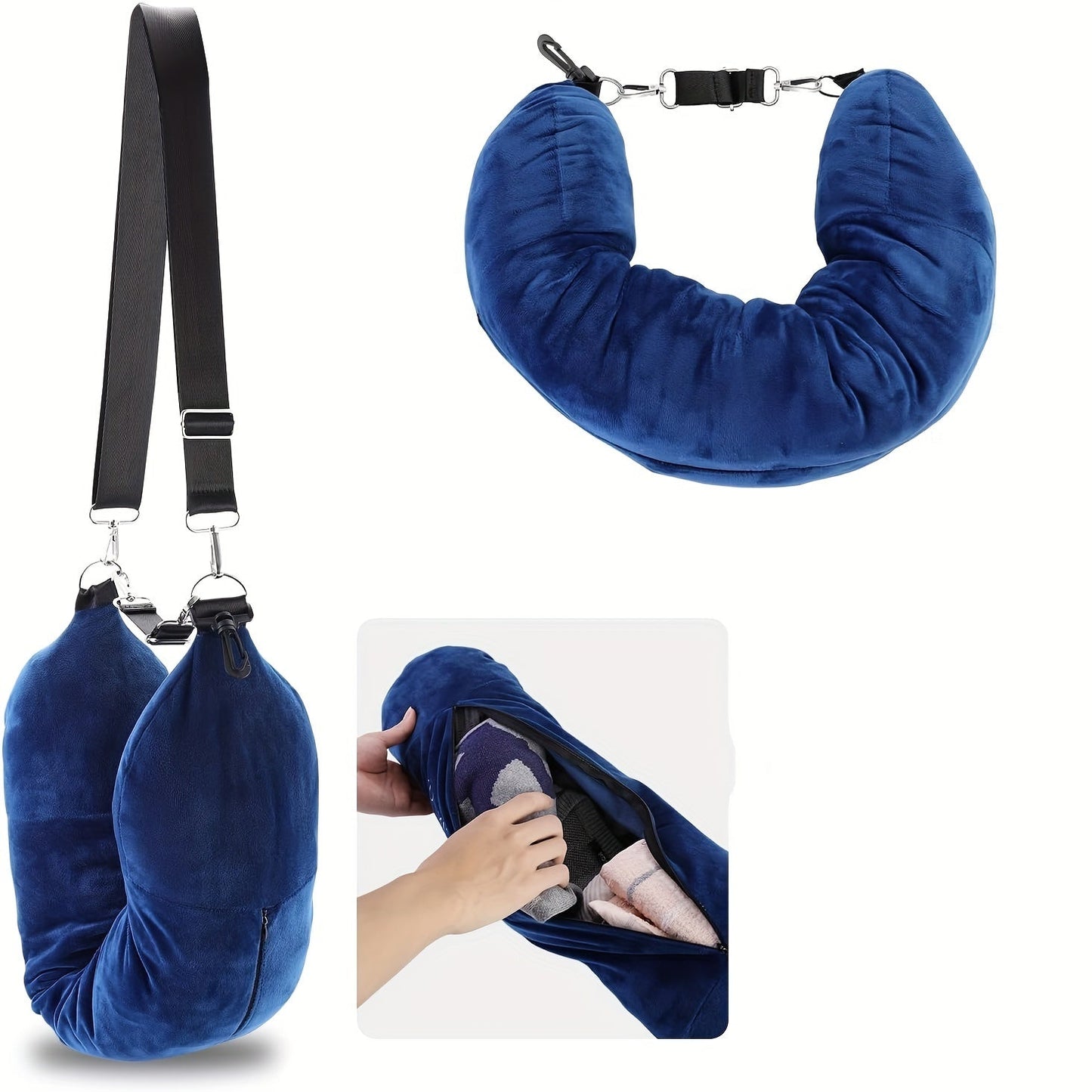 Travel in comfort with this lightweight, soft U-shaped travel pillow. Features include a storage pocket, machine washable design, adjustable firmness for whole body support, and a woven polyester cover. Convenient for all your traveling needs.