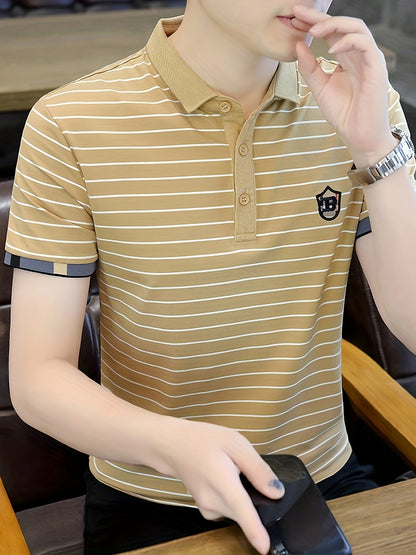 Men's Striped Golf Shirt with B Embroidery and Graphic Print, Casual Lapel Shirt for Summer Outdoor Activities