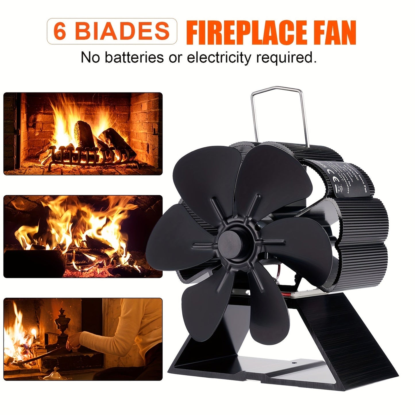 Silent 6-Blade Fireplace Fan - Powered by Heat, Eco-Friendly Wood Stove Add-On for Even Heat Distribution, Convenient Portable Design with Temperature Gauge, Black