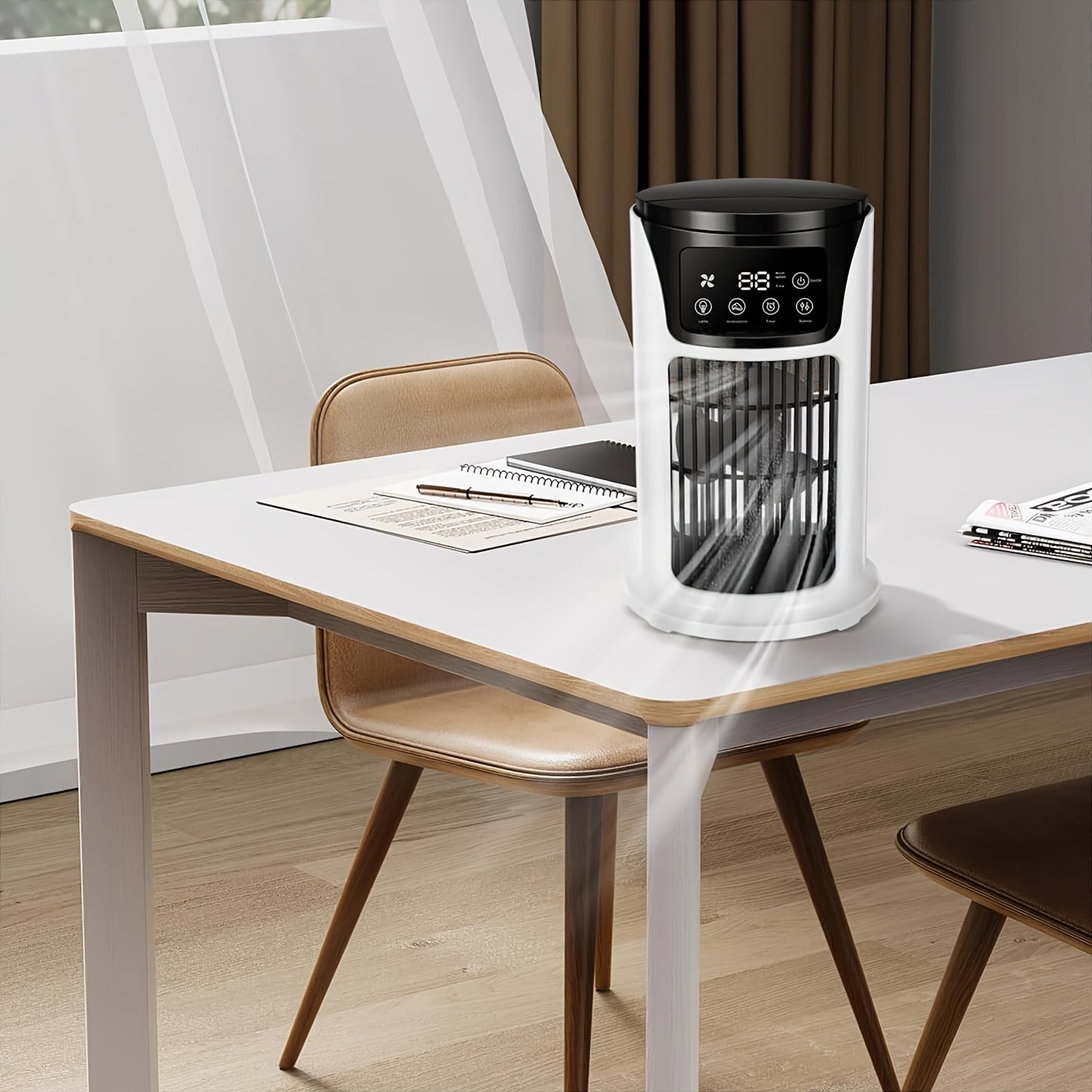 USB powered portable air conditioner humidifier with 6 adjustable speeds, 300ml water tank, ideal for various room types, made of durable plastic, operates on ≤36V.