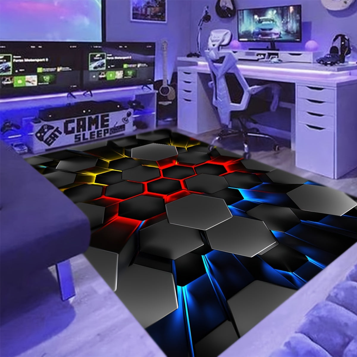 Liven up your space with this whimsical 3D Luminous Hexagon Area Rug! This cartoon-inspired rug is not only cool and fluffy, but also soft and non-slip, making it perfect for any room in your home. Use it in the living room, bedroom, bathroom, laundry