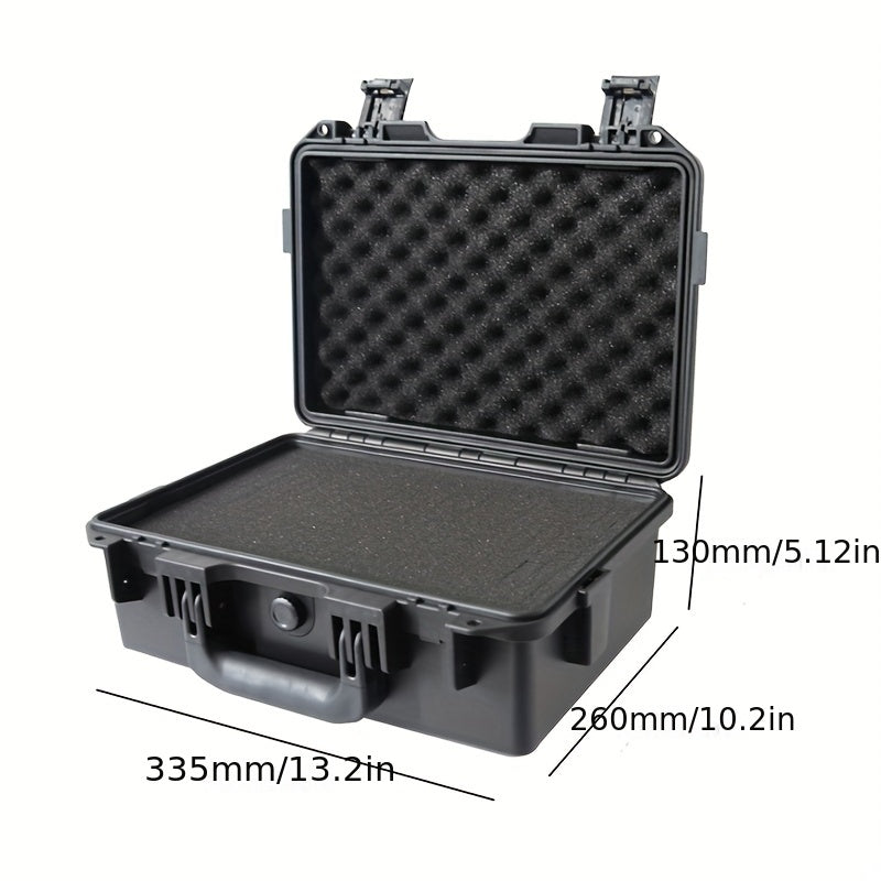 Portable plastic safety protection box for instruments, cameras, and tools. Waterproof and shockproof with sponge padding.