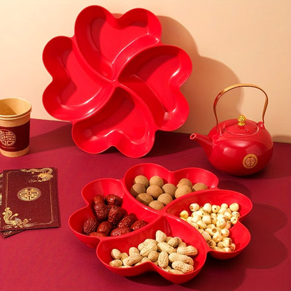 Heart-shaped 4-section plastic snack serving tray, perfect for parties and events, suitable for all seasons, can hold nuts, candy, dried fruits, and salads. Ideal for weddings, engagements, and Diwali celebrations.