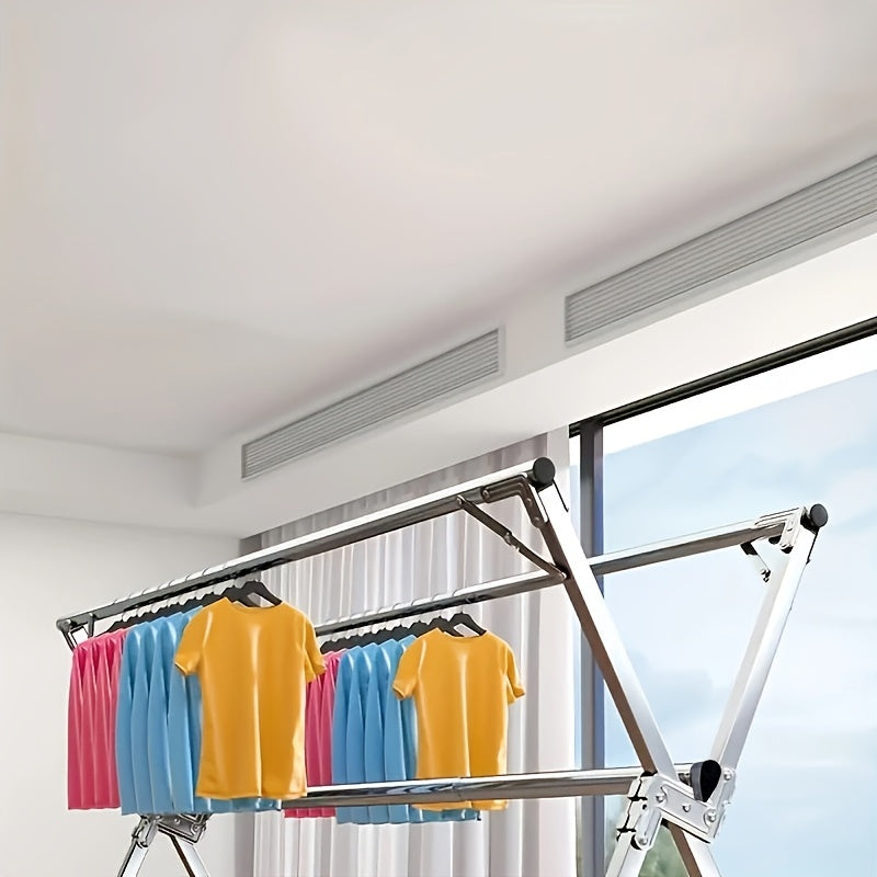 Foldable metal clothes hanger with adjustable double rods, 20 windproof hooks, and adjustable length. Suitable for indoor and outdoor use, designed for clothes, quilts, and bedding.