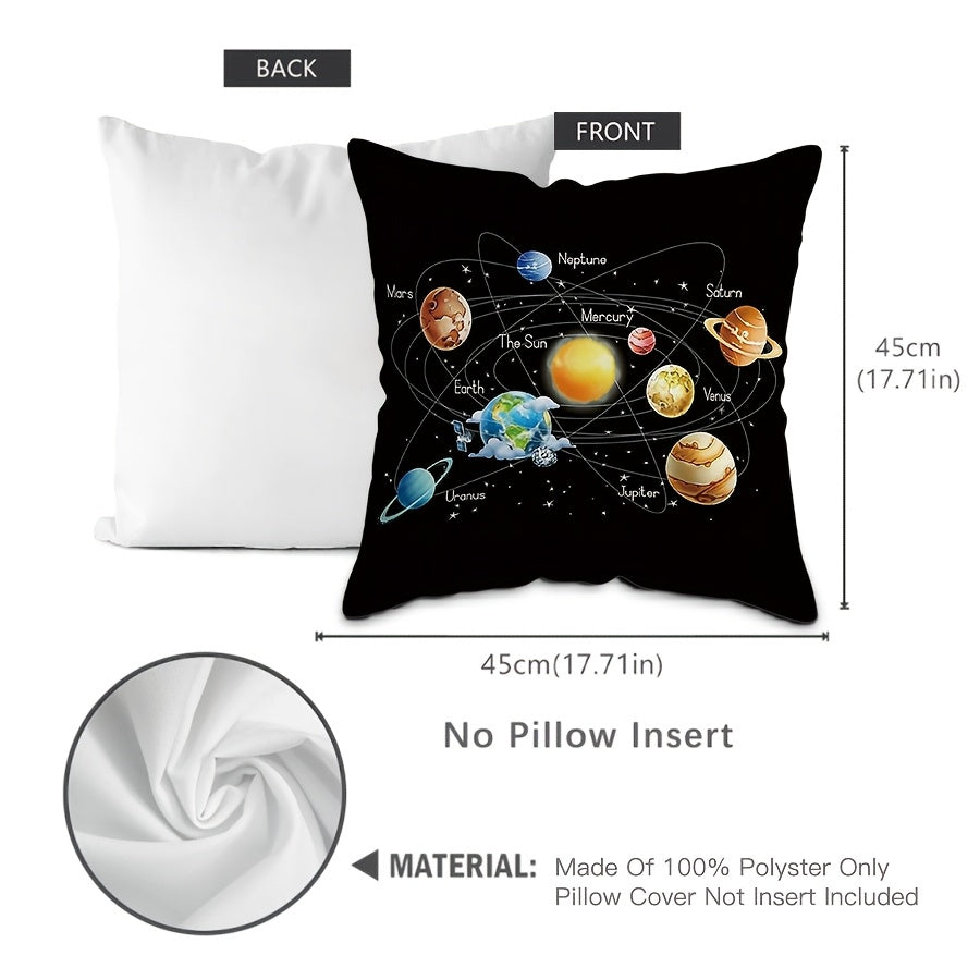 Solar System themed throw pillow cover made of polyester, measuring 44.96x44.96 cm. Features a contemporary style with a single-sided galaxy print including planets and stars. Machine washable with a zip closure for easy removal and cleaning. Perfect for