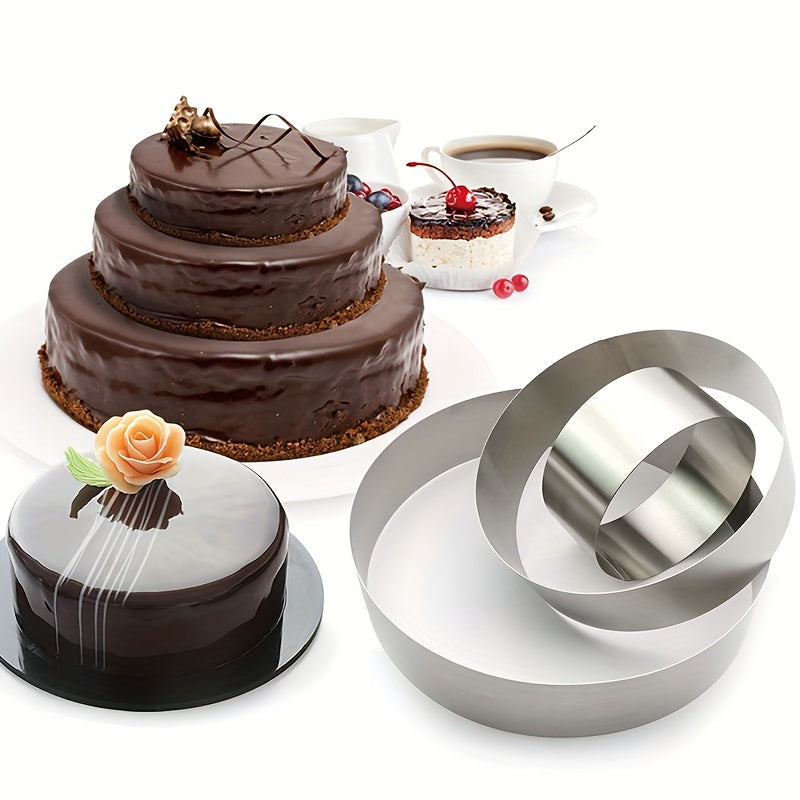 Set of 3 Mousse Cake Mold Rings in varying sizes (10.16cm, 15.24cm, 20.32cm) featuring Round, Heart, Flower, Bear, and Kitten shapes. Includes 3 stainless steel cookie cutters, pancake molds, and various baking tools. A must-have for any kitchen, these