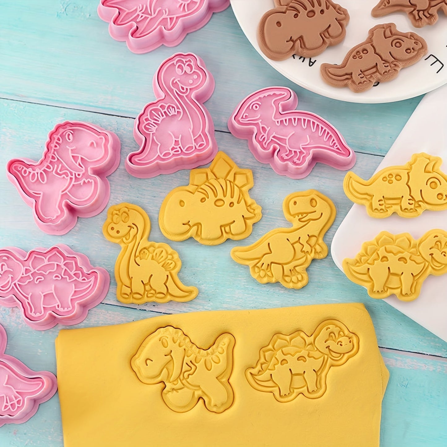 Set of 8 Dinosaur Cookie Cutters - Strong Plastic Molds and Stamps for Use at Home, in Bakeries, and Dessert Shops