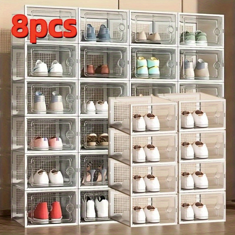 An assortment of clear plastic shoe containers in different dimensions, created for easy stacking and acting as multiple-tier shoe storage units that keep dust at bay. These adaptable shoe organizers are ideal for showcasing in homes and dorm rooms