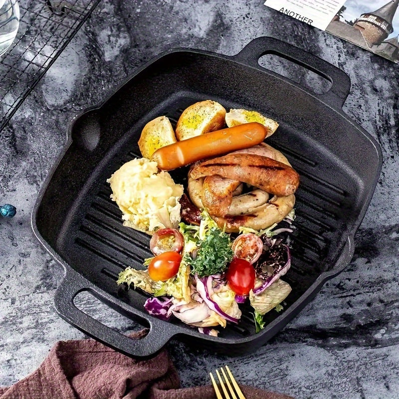 Square Striped Steak Pan: Durable Cast Iron, Non-Stick Coating, Oven-Safe Skillet for Gas & Induction Stoves - Ideal for Autumn Grilling Outdoors