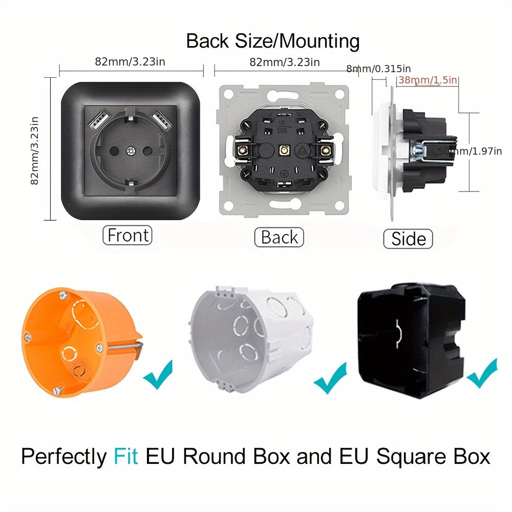 EU Standard 16A Wall Power Socket with USB Port, Type-C, and Flame Retardant Panel in Black/White/Grey - Ideal for Home Appliances, Rounded Edge Design.