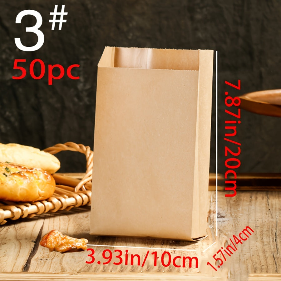 50-count of disposable brown kraft paper bags with fold-top design, perfect for packaging food and vegetables, candy, lunch items, bakery goods such as cookies and bread, and fruits at grocery stores or fruit markets.