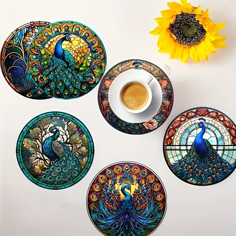 6 beautiful peacock coasters, 10cm/3.9in in size, ideal for coffee and tea, and a stylish addition to any kitchen or living room. Made of synthetic material.