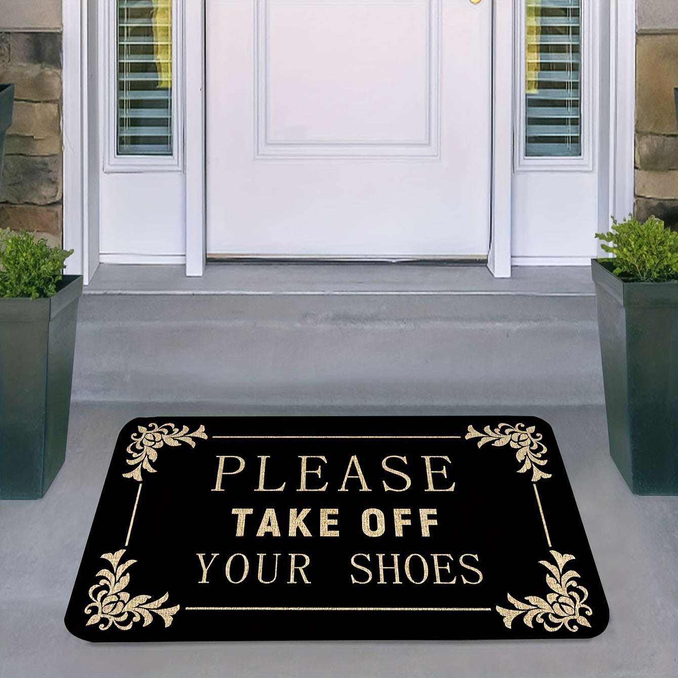 1 piece of "Please Remove Your Shoes" Welcome Mat made of polyester with a non-slip PVC backing. Perfect for front doors, kitchens, gardens, patios, porches, and machine washable for easy cleaning.