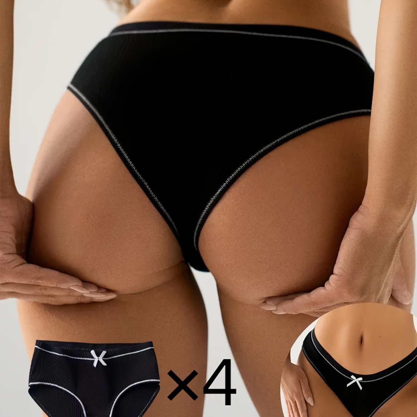 4 pieces of bow-decorated seamless briefs with contrast trim, made of comfy and breathable stretchy material. Perfect for women's lingerie and underwear.