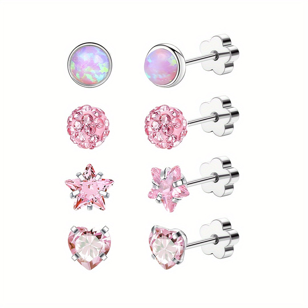 These hypoallergenic flat back earrings are perfect for women with sensitive skin. Made of Star Heart protein stone, they feature a European screw back design and are available in pink, silver, and AB colors. Suitable for men, women, and girls alike.