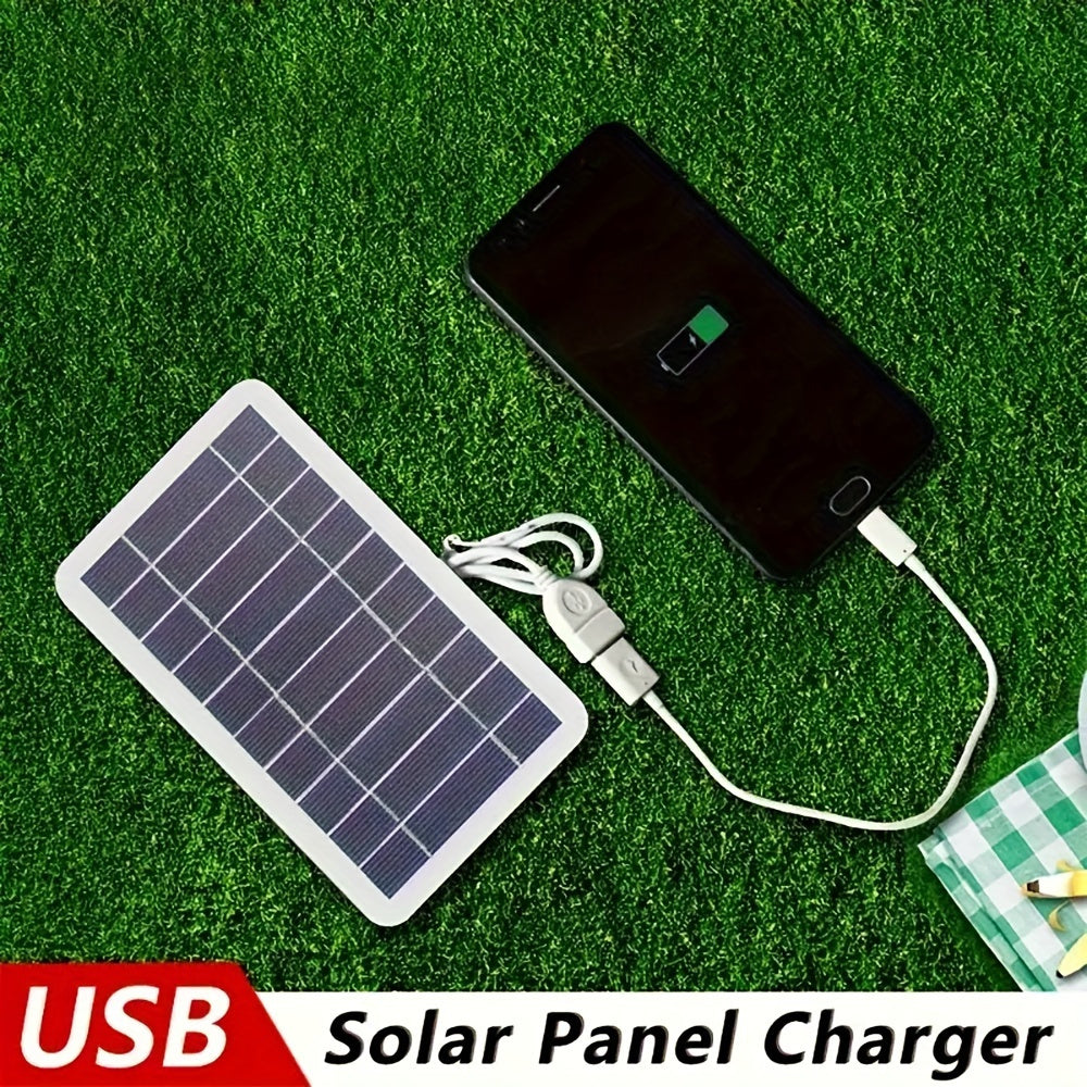 Solar USB charger for outdoor travel and camping, with mobile power, phone charging, flashlight, and fan capabilities.