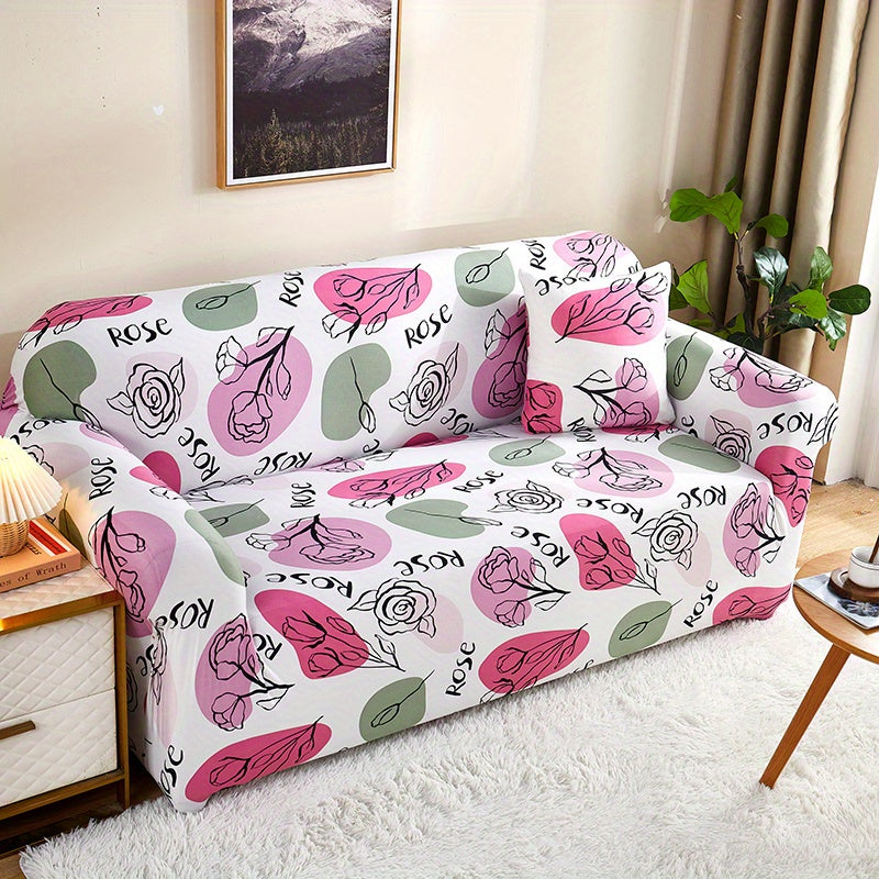 Modern printed sofa slipcover with elastic closure, made of 95% polyester and 5% spandex. Machine washable with active printing and stitched craftsmanship. Fits armchairs to sectional sofas, weighing 100-120gsm fabric.