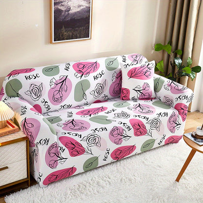 Modern printed sofa slipcover with elastic closure, made of 95% polyester and 5% spandex. Machine washable with active printing and stitched craftsmanship. Fits armchairs to sectional sofas, weighing 100-120gsm fabric.