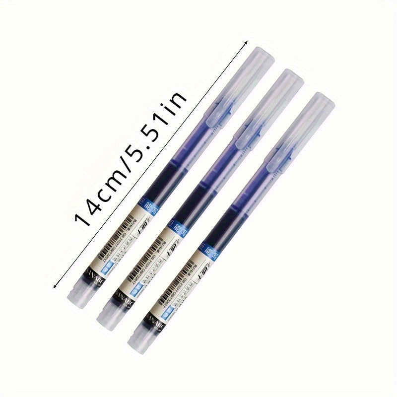 10 gel pens with blue quick-drying ink in liquid and gel formats. Suitable for school, office, and stationery stores. Made of plastic with snap cap closure, round body, and extra fine