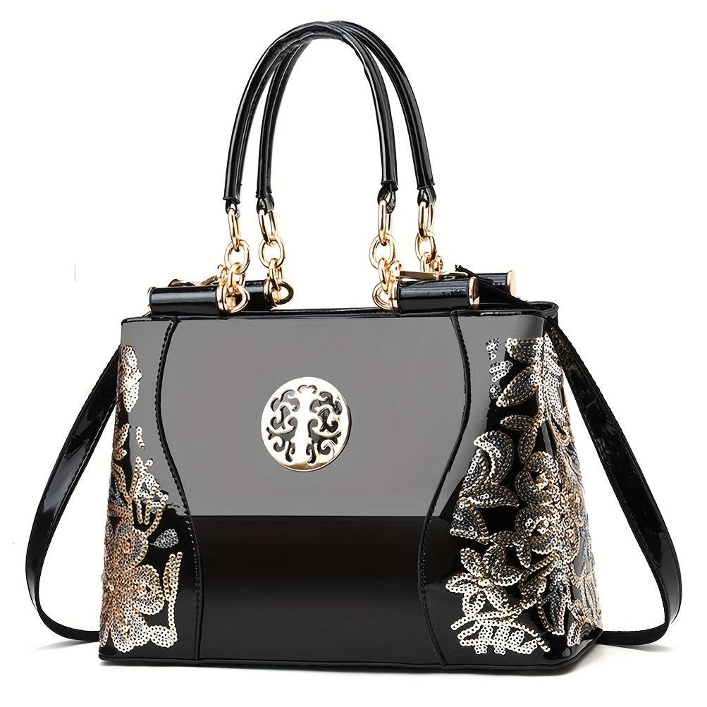 Elegant sequined flower pattern tote bag, classic handbag, trendy shoulder bag for Carnaval parties and music festivals.