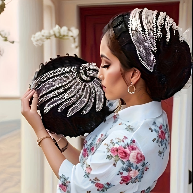 The elegant lady wears a light and breathable headband adorned with shiny beads and flowers, suitable for daily outings, parties, and performances.