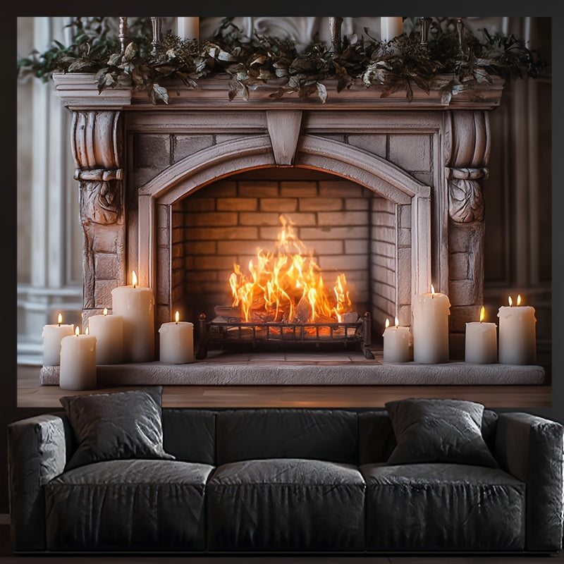 An authentic and inviting fireplace, complete with a backdrop of crackling firewood, perfect for enhancing living spaces, bedrooms, offices, party settings, and as a one-of-a-kind gift option.