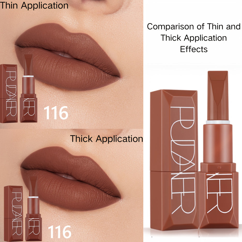 Pudaier Long-Lasting Waterproof Lipstick with high pigment matte finish, natural look for all skin types in Red & Brown Series, infused with plant squalane.