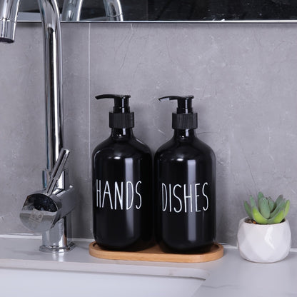 Set of 2 plastic soap dispensers for dish and hand soap, with refillable empty bottles for home decor and bathroom accessories.