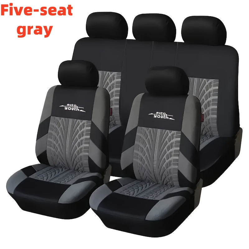 Universal nine-piece car seat cover set with soft, sponge filling and stylish tire trace design. Suitable for all seasons and most car models. Acts as a car seat protector.