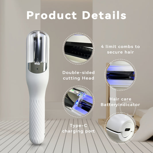 Portable hair trimmer with dual-blade tip cutter, USB rechargeable with Type-C charging, suitable for ages 14 and up.