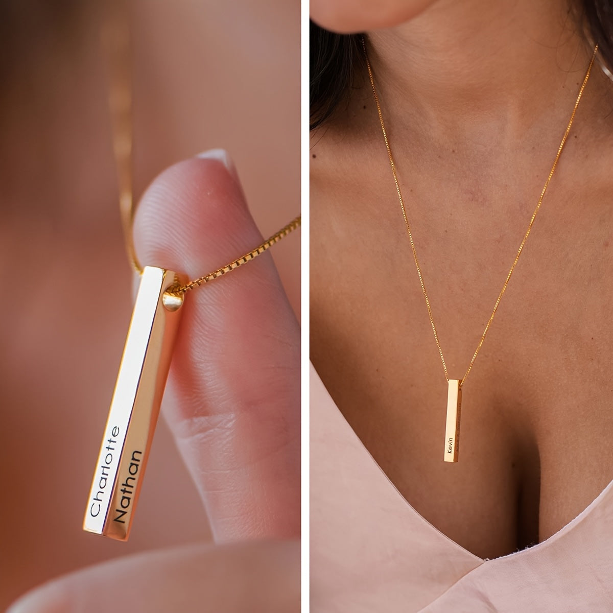 Stylish Customizable 3D Vertical Bar Pendant Necklace in 18K Gold Plated Stainless Steel, Laser Engraved with Personalized English Name, Boho Chic Style, Perfect for Everyday Wear or as a Gift for Women.