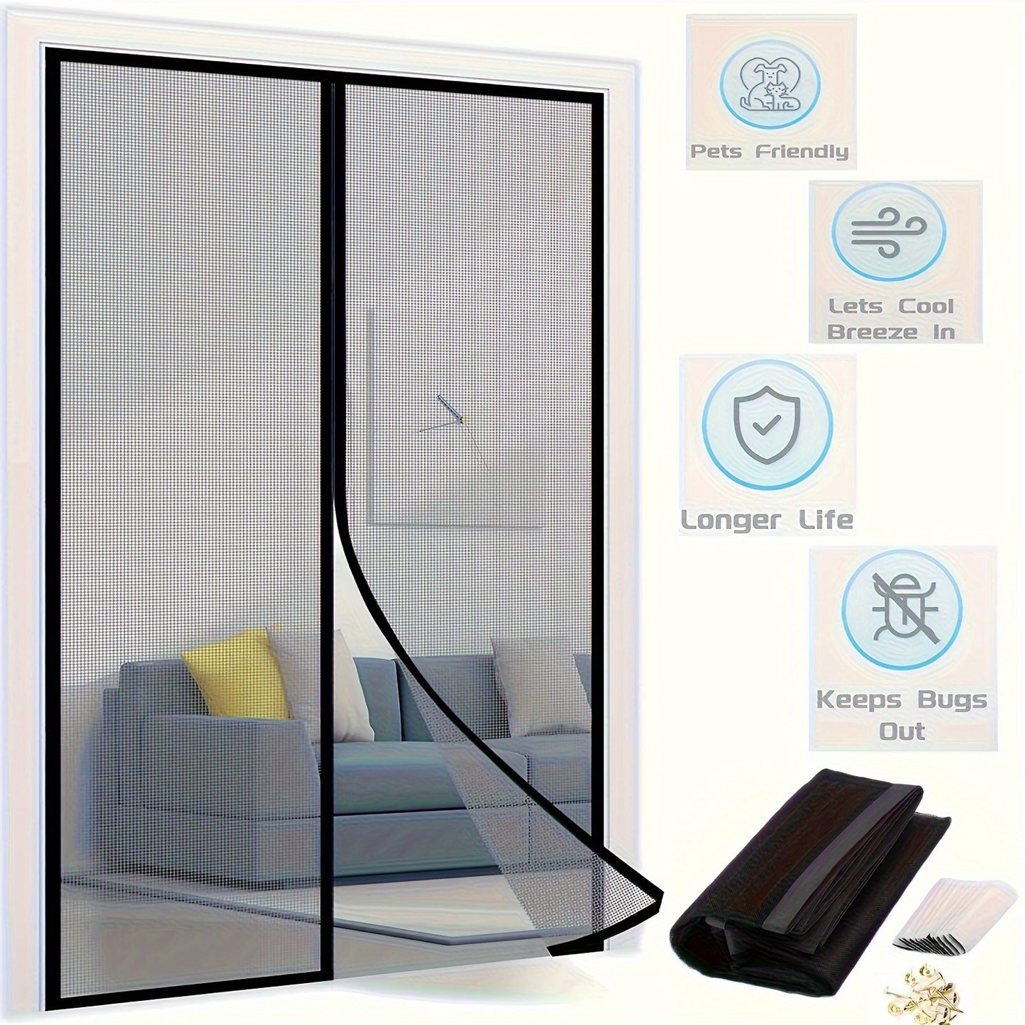 Black magnetic screen door measuring 80.01cm x 208.28cm, self-sealing and heavy-duty, keeps bugs out.