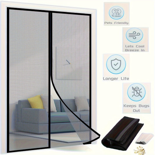 Black magnetic screen door measuring 80.01cm x 208.28cm, self-sealing and heavy-duty, keeps bugs out.