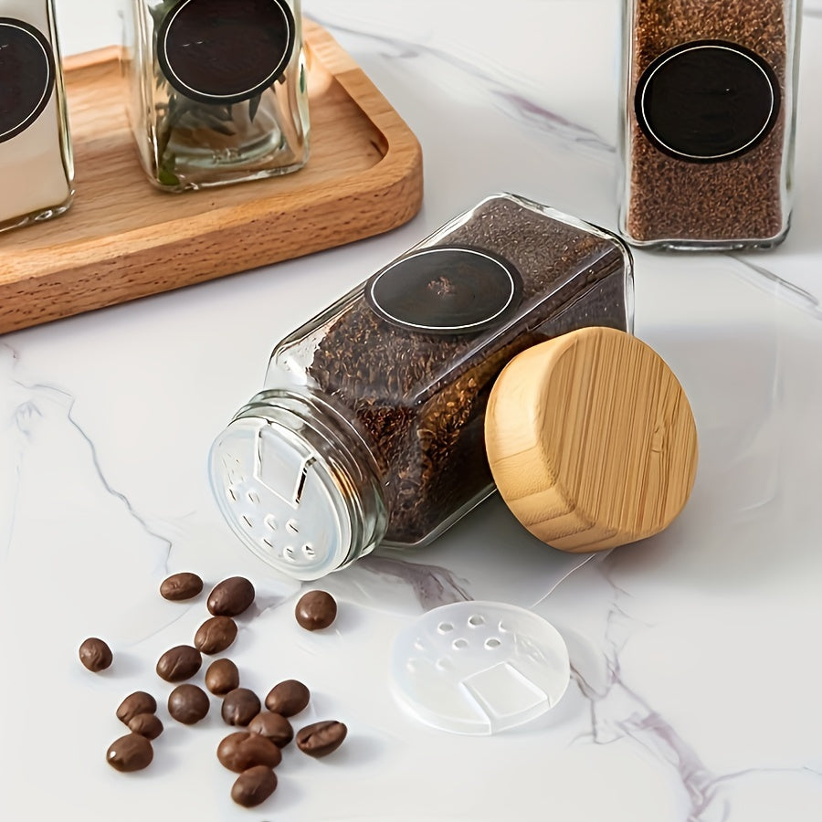 A set of 12 or 24 spice bottles, each holding 4oz and equipped with labels. Made of thickened glass with bamboo lids for airtight sealing. Includes silicone funnel for easy refilling. Features shaker lids and is a must-have kitchen accessory.