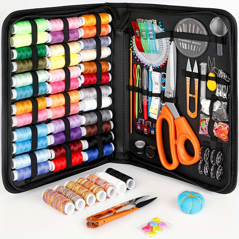 Compact black travel sewing kit with threads, needles, scissors, and accessories for quick repairs and DIY projects. Perfect for holidays.